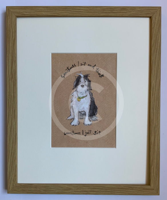 Sometimes I Sit And Think, Sometimes I Just Sit, Sam Toft framed oak mounted print of a black and white dog 