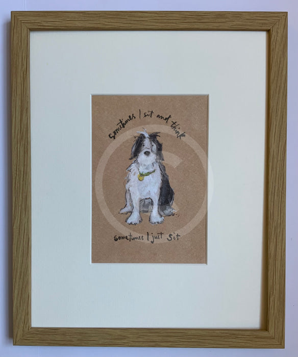 Sometimes I Sit And Think, Sometimes I Just Sit, Sam Toft framed oak mounted print of a black and white dog 