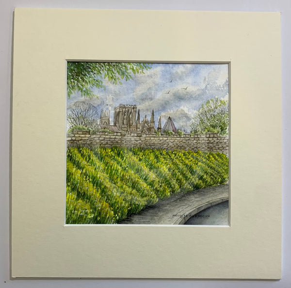 Daffodil Time, York City Walls - Natalja Olejnicka ORIGINAL WATERCOLOUR Miniature