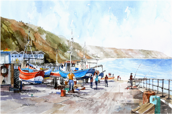 Filey, Cobble Landing, Man Fishing by John Sibson