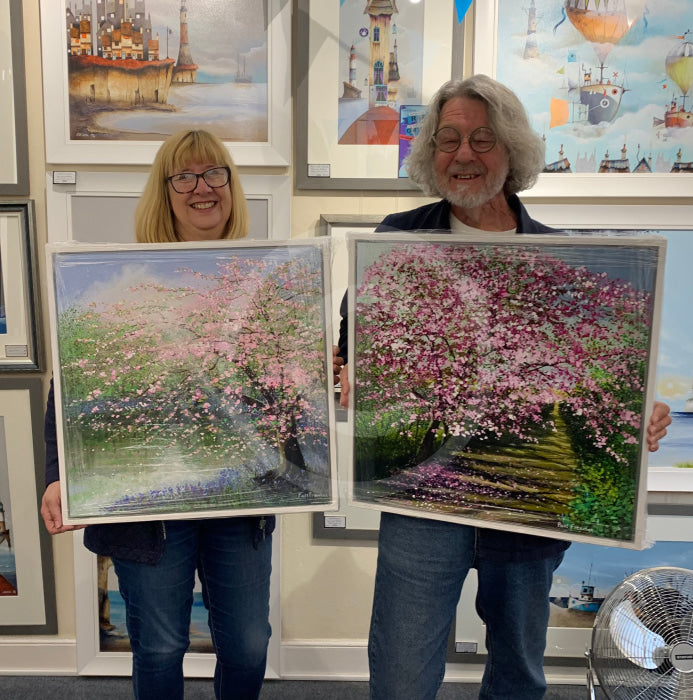 Artist Paul Freeman with his latest cherry blossom artwork