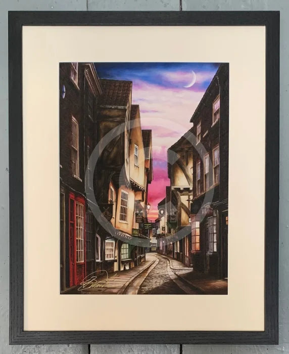 The Shambles at Twilight by Mark Braithwaite antique white mount, framed