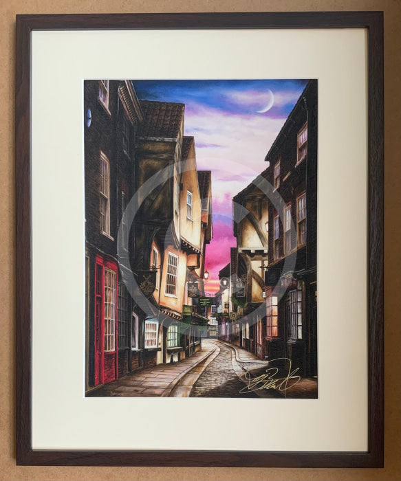 The Shambles at Twilight by Mark Braithwaite Framed in Small Cube Brown