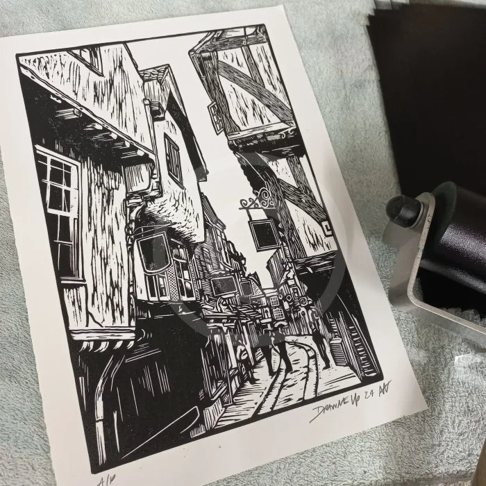 The Shambles, Hand Printed Linocut by Drawneup