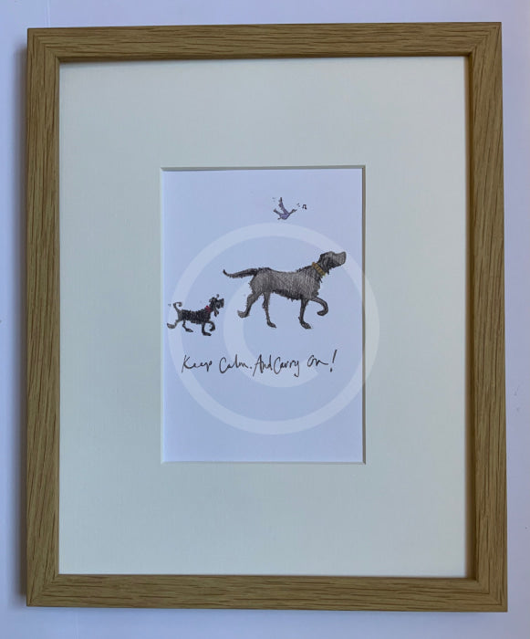 Keep Calm And Carry On, Sam Toft. Oak framed mounted print of 2 dogs taking a walk with a bird singing above 