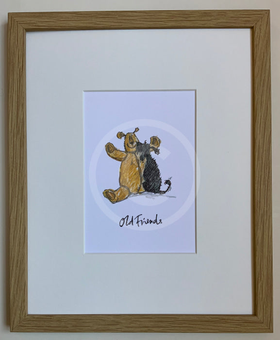 Old Friends, Sam Toft . Oak framed print of a teddy bear and a black dog