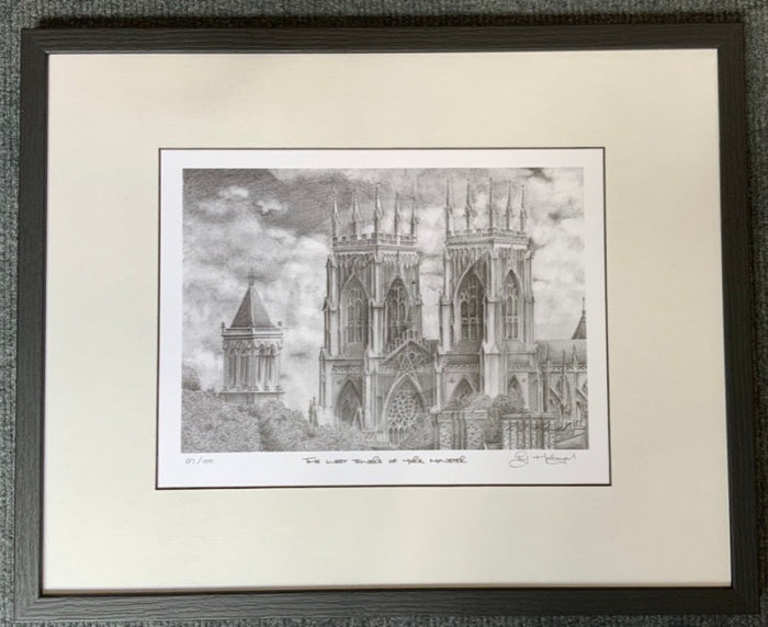 York Minster, Tye West Towers by R.J Holroyd, black and white print of York Minster 